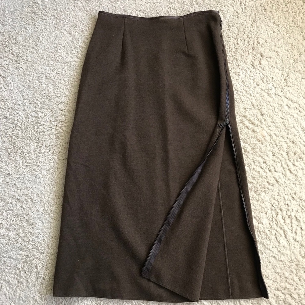 Vintage Prada brown wool leather zipper skirt sz M